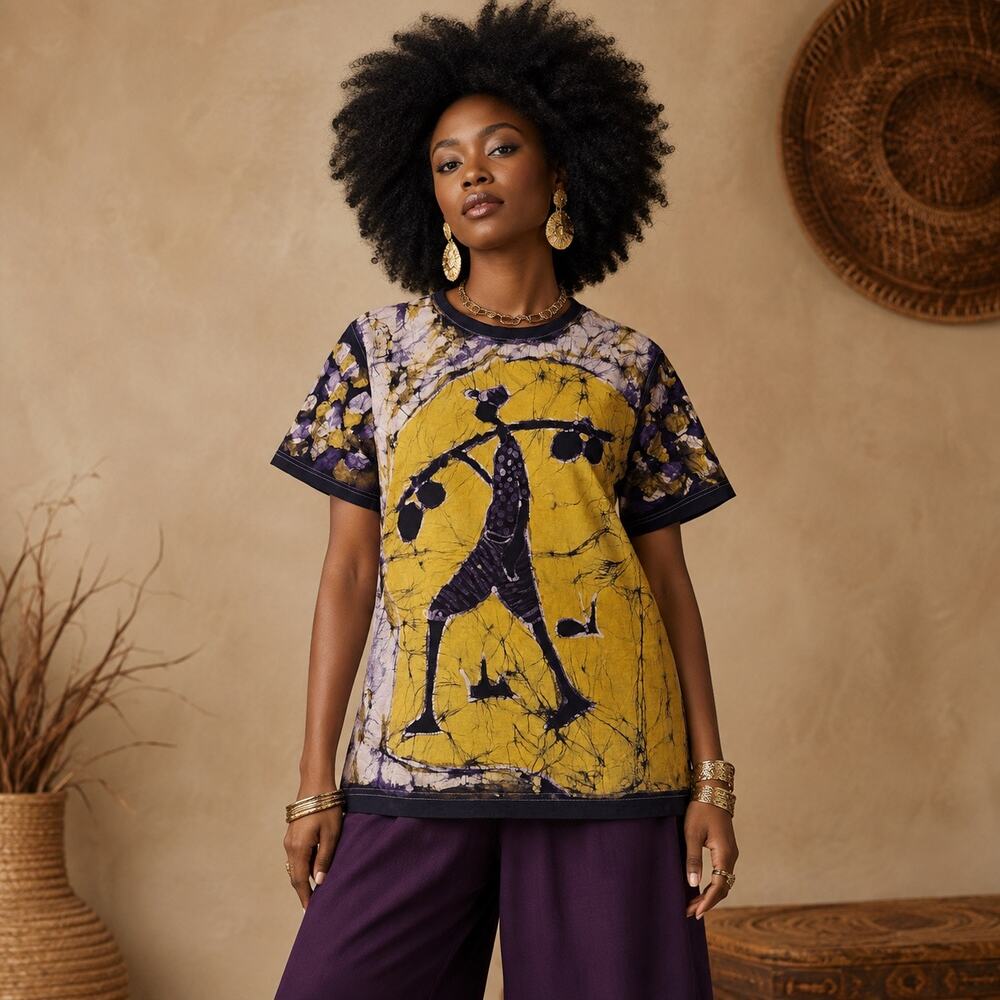 Art to Wear N’Kossi PDX One of a Kind Rare African Batik Graphic Bohemian Tee M